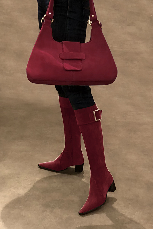 Burgundy red women's calf bracelets, to wear over boots. Worn view - Florence KOOIJMAN